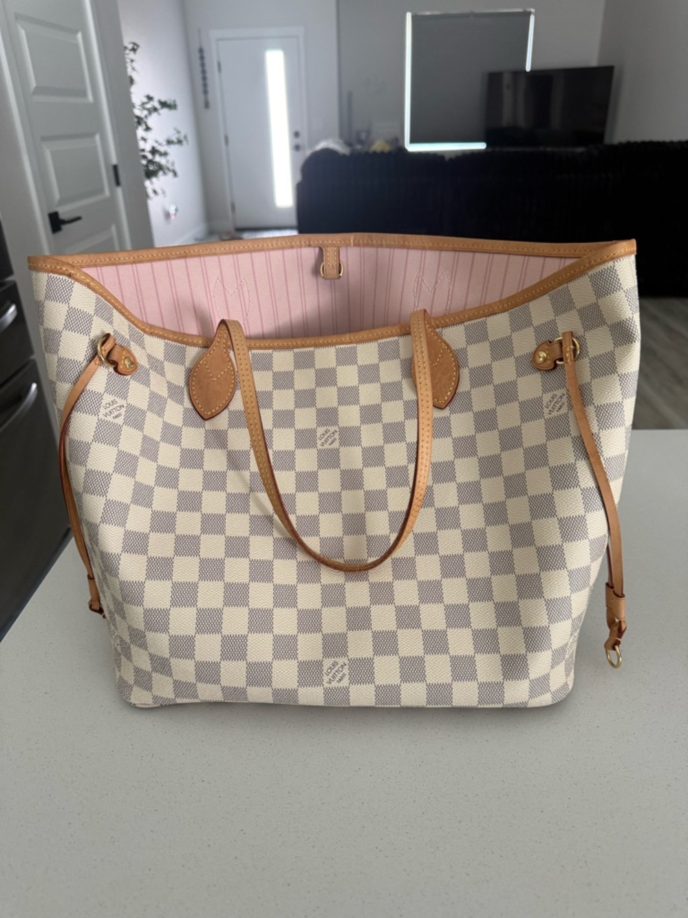 Louis Vuitton Neverfull Tote in Damier Azur with Pink Interior